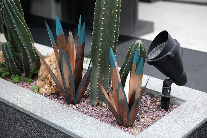 Homight Metal Agave Plants Outdoor Decor Mexican Yard Art Plants Garden Decor for Outside Metal Art Flowers Gifts for Butterflies Bees Birds for Gifts (1big&1small)-VerdiqueGarden