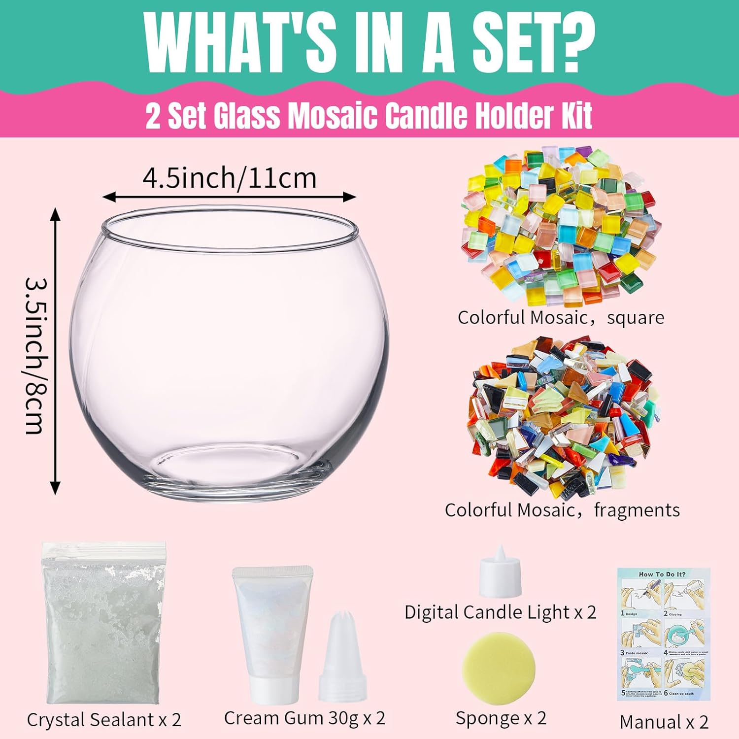 2 Set Glass Mosaic Candle Holder Kit Include Tea Light Holder, Glass Mosaic Tiles DIY Crafts Creativity Handmade Artwork for Adults Home Lighting Decor(Rainbow Theme)-VerdiqueGarden