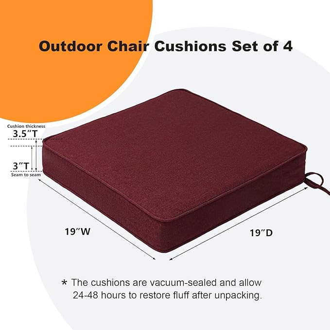 Sunbrella Square Corner Seat Cushions, 19" x 19" x 3", Set of 4, Indoor Outdoor Water Repellent Universal Chair Pads with Ties for Patio Furniture, Garden Dining Chairs, Spectrum Ruby-VerdiqueGarden