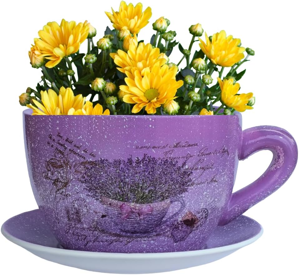 7.5” Round Ceramic Teacup Planter with Saucer – Purple Lavender Basket Design Pot for Succulents, Orchid, Herbs & Indoor/Outdoor Flowers for Birthday & Any Other Occasion-VerdiqueGarden