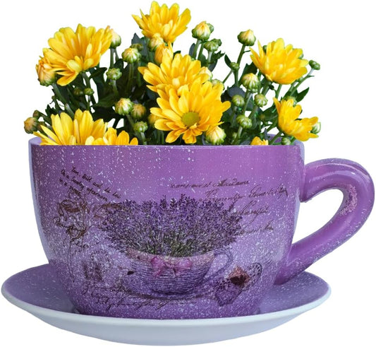 7.5” Round Ceramic Teacup Planter with Saucer – Purple Lavender Basket Design Pot for Succulents, Orchid, Herbs & Indoor/Outdoor Flowers for Birthday & Any Other Occasion-VerdiqueGarden