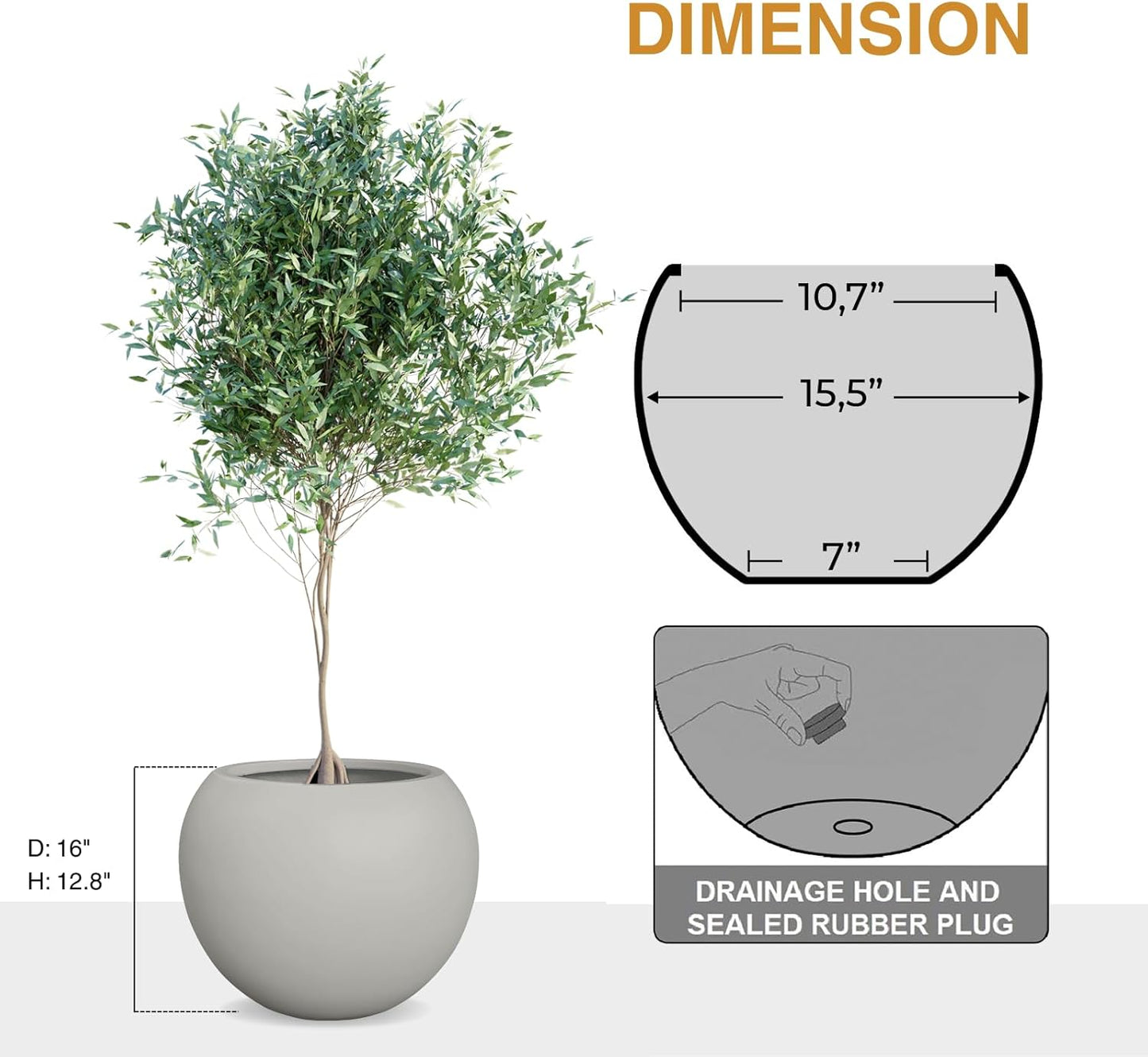 Globo Large Fiberstone Plant Pot, Large Planters for Indoor Plants, Outdoor Planters for Porch (Light French Gray, 16" D x 12.8" H)-VerdiqueGarden