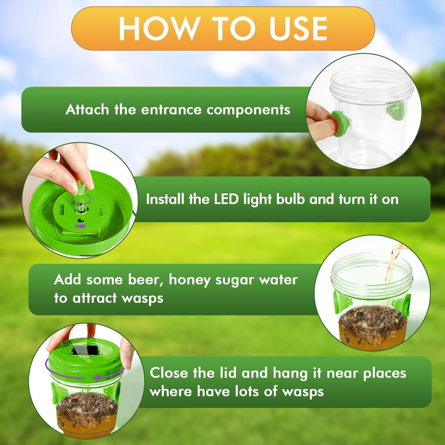 Wasp Traps for Hunting Wasps, Bees, Hornets, Insects, Yellow Jacket Traps, Wasp Trap Catcher, Reusable Solar Powered Hanging for Outdoor, 4 Packs-VerdiqueGarden