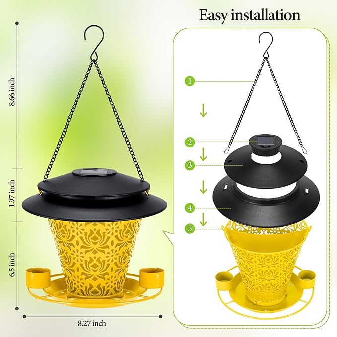 Solar Bird Feeders for Outside Hanging Metal Wild Bird Feeder Solar Lanterns Outdoor Waterproof Garden Decor for Yard Yellow-VerdiqueGarden
