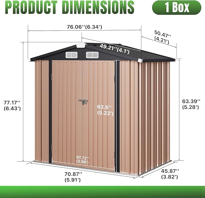 Aoxun 6'x4' Outdoor Storage Shed with Base Galvanized Steel Metal Garden Shed for Patio, Lawn & Garden(Brown, 6' x 4'W/Base)-VerdiqueGarden