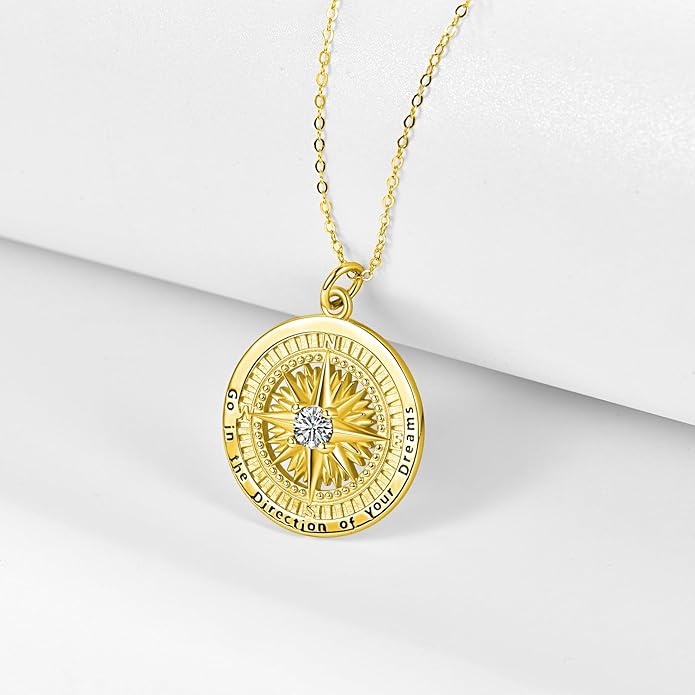 KINGWHYTE Graduation Gifts Birthstone Necklace for Women 925 Sterling Silver Compass Pendant Go in the Direction of your Dream Travel Jewelry Birthday Gift for Her