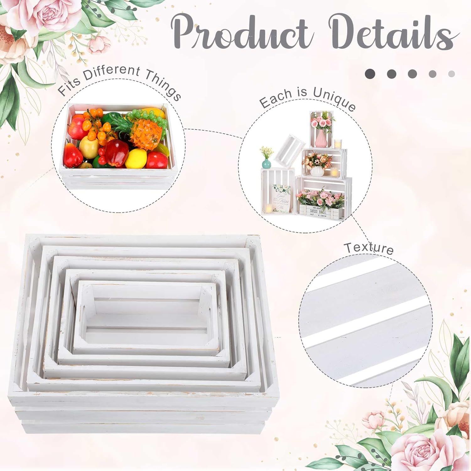 Soaoo 5 Pcs Decorative Nesting Wooden Crates for Storage Display 5 Size Large Small Rustic Wood Decorative Storage Crates with Handle Farmhouse Crate Box Container Made from Pine(Painted White)-VerdiqueGarden