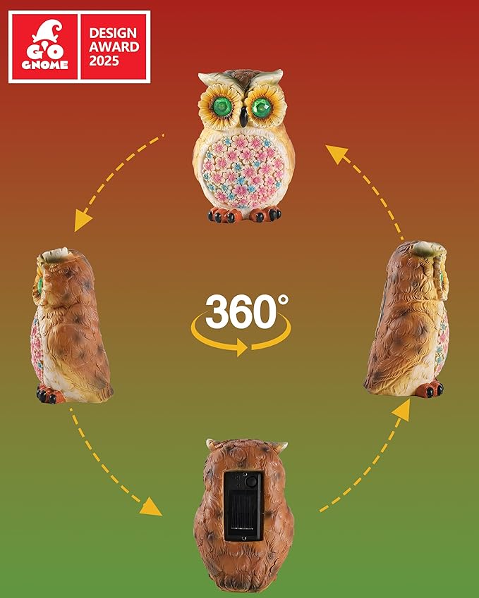 Hand-Painted Resin Owl Figurine with Glow-in-The-Dark Eyes, Solar-Powered Garden Decor 5.5'' Lawn Ornaments Statue Gardening Gifts for Outside Yard Art Patio (Owl)-VerdiqueGarden