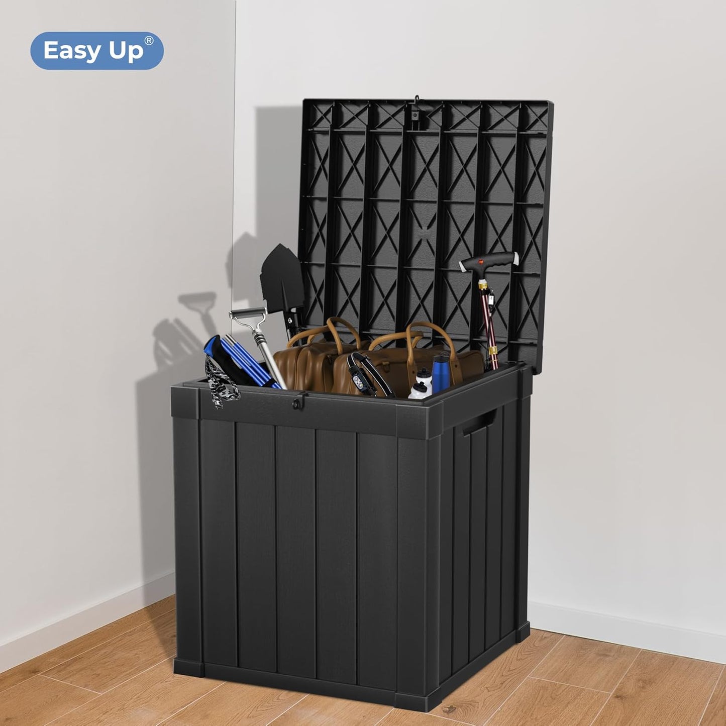 50 Gallon Double-Wall Resin Deck Box - Lockable Waterproof Outdoor Storage Box, 515bs Capacity & Doubles as Seating for Patio Furniture - Garden Tools, Pool Accessories (Black)-VerdiqueGarden