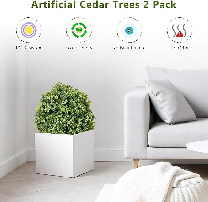 THE BLOOM TIMES 2ft Faux Boxwood Plants Outdoor Set of 2, Topiary Balls Artificial Outside Trees, 24" UV Resistant Fake Greenery Bushes & Shrubs for Front Porch Planter-VerdiqueGarden