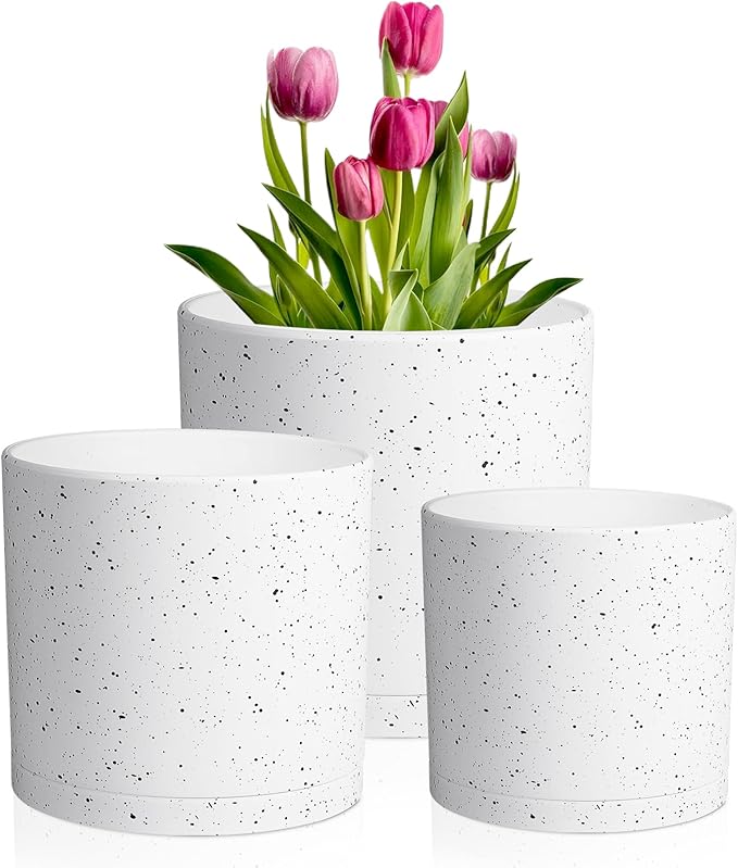 10/8/6 inch Deep Flower Pots, Cylinder Large Plant Pots for Outdoor Indoor Plants, 3 Pack Tall Plastic Planters with Drainage Holes and Saucers for Garden House Plants, Speckled White-VerdiqueGarden