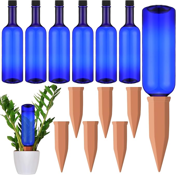 12 Pack Plant Watering Devices Include 6 Terracotta Self Watering Spikes and 6 Pcs 26 oz Plastic Bottles, Slow Release Vacation Insert Automatic Plant Waterer Device (Blue)-VerdiqueGarden