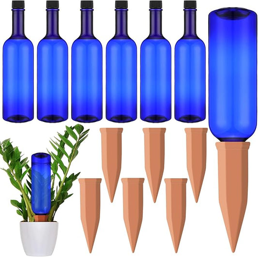 12 Pack Plant Watering Devices Include 6 Terracotta Self Watering Spikes and 6 Pcs 26 oz Plastic Bottles, Slow Release Vacation Insert Automatic Plant Waterer Device (Blue)-VerdiqueGarden