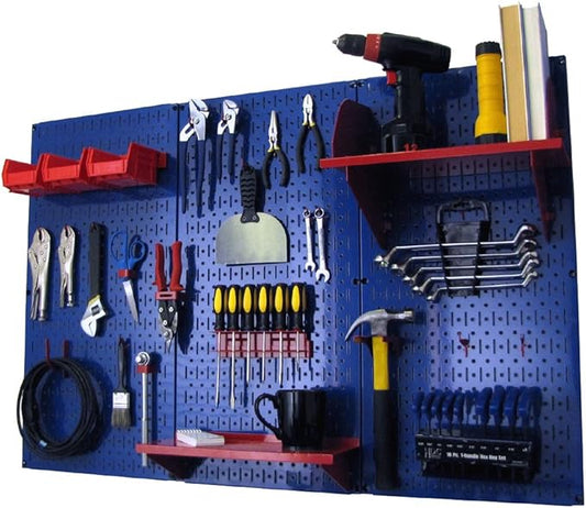 Wall Control Pegboard Organizer 4 ft. Metal Pegboard Standard Tool Storage Kit with Blue Toolboard and Red Accessories-VerdiqueGarden