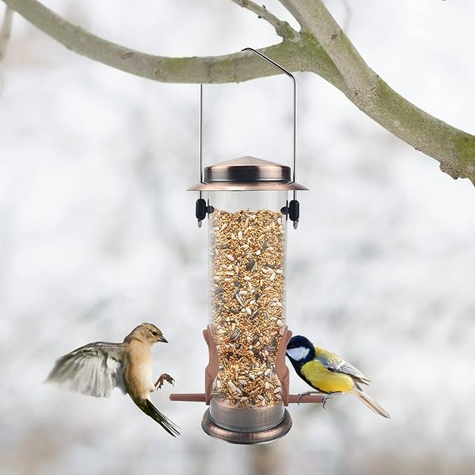 MIXXIDEA Wild Bird Feeders for Outdoors Hanging 2 Pack Stainless Steel Tube Bird Feeder, Water Resistant Finch Bird Feeder for Garden Backyard Decoration Attractive Metal Thistle Feeder (Copper)-VerdiqueGarden