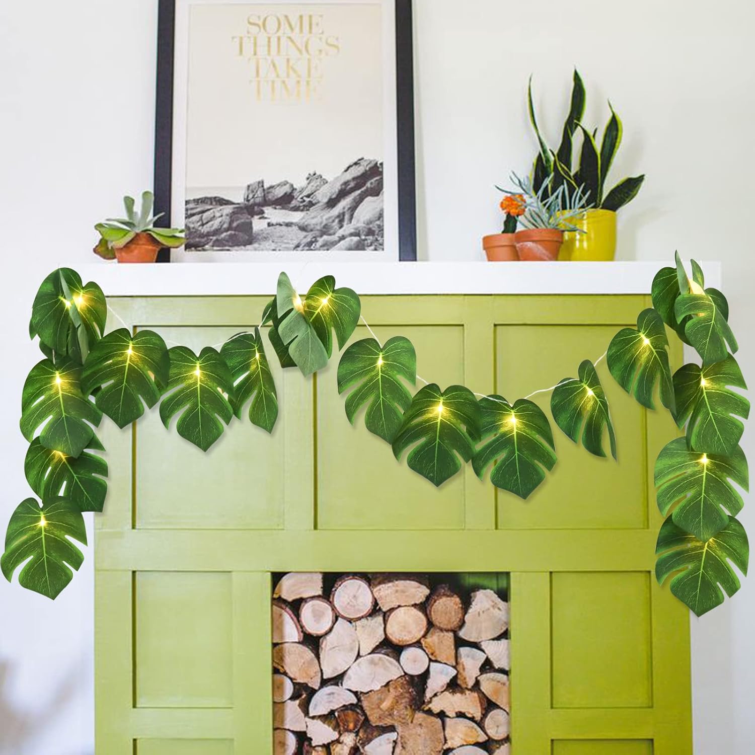 RECUTMS Artificial Tropical Palm Leaves String Lights, Large Size 20 LED Monstera Leaf Wall Hanging Vine Greenery,Outdoor Indoor Hawaiian Luau Jungle Beach Safari Baby Shower Party Spring Summer Decor-VerdiqueGarden