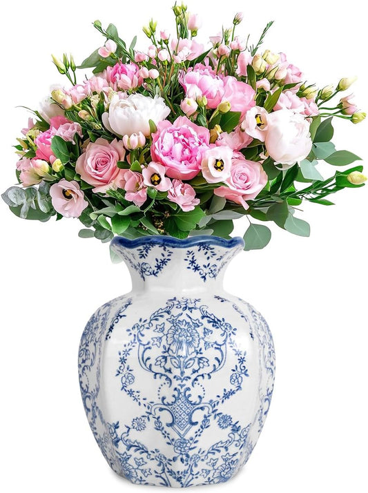 Chinoiserie Vase,Blue and White Vase,Vintage Ceramic Vases,Flower Vase for Centerpiece,Chinese Cute Vases for Living Room, Office,Home Decor (Blue White, Small)-VerdiqueGarden