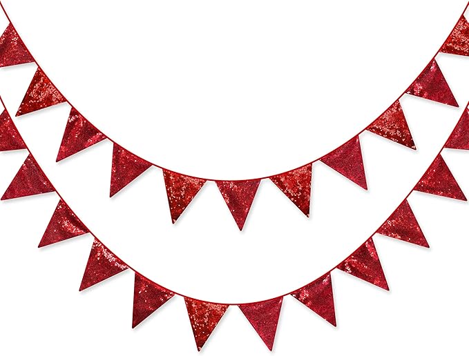 Red Party Decorations Double Sided Sequin Red Triangle Pennant Banner Flag Bunting Garland for Birthday Graduations Anniversary Wedding Engagement Bachelorette Valentines Bridal Shower Hen Party Decor-VerdiqueGarden