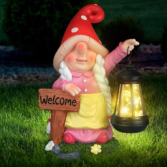 Solar Garden Gnome Statue Holding LED Lantern with Welcome Sign Outdoor Ornaments Waterproof Christmas Decoration for Outside Patio Yard Lawn Decor (Pink)-VerdiqueGarden