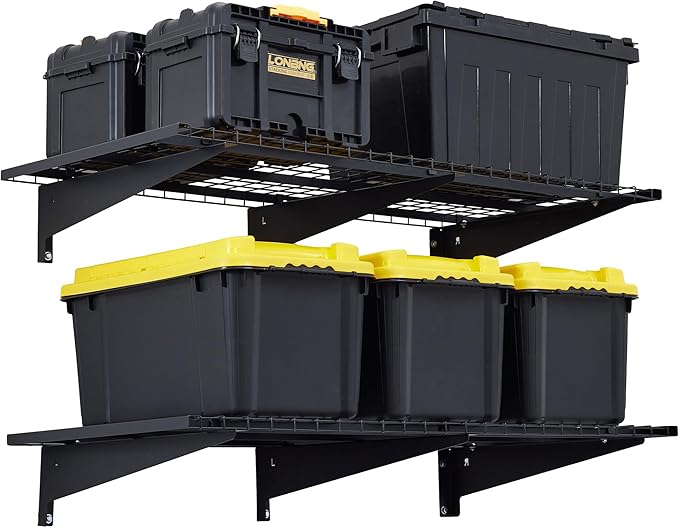 Garage Wall Shelving, 2-Pack 2 x 4ft Garage Storage Rack,Loads 700 lbs 24-inch-by-48-inch Heavy Duty Wall Shelves,24” x 48” Garage Wall Shelf,Black-VerdiqueGarden