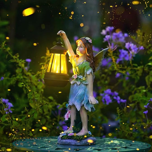 Fairy Garden Statue Solar Garden Fairy with Lantern Light Outdoor Garden Decoration Waterproof Solar Garden Sculpture for Patio Yard Lawn Gift for Mom Grandma-VerdiqueGarden