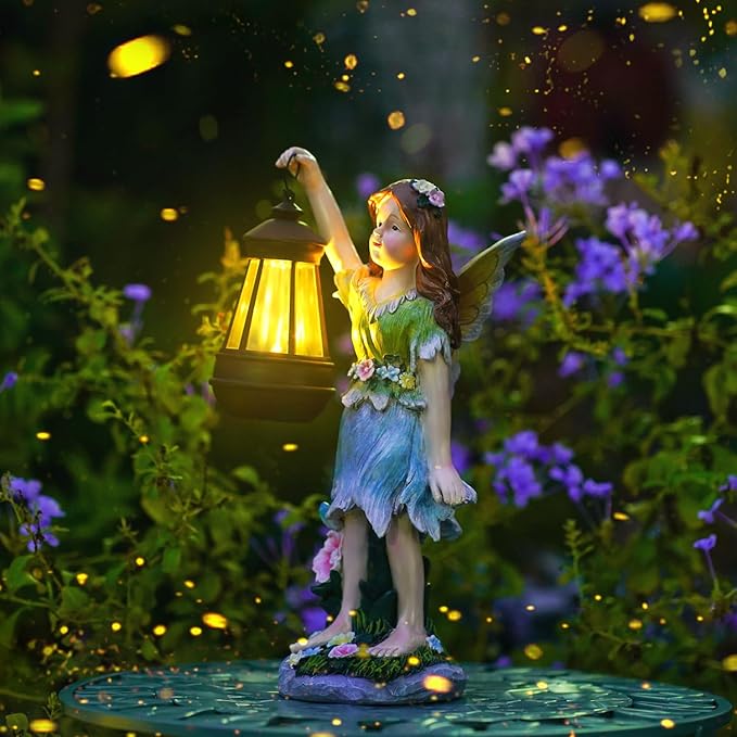 Fairy Garden Statue Solar Garden Fairy with Lantern Light Outdoor Garden Decoration Waterproof Solar Garden Sculpture for Patio Yard Lawn Gift for Mom Grandma-VerdiqueGarden