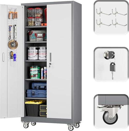 71" H×32" W×16" D Garage Storage Cabinet with Wheels & Pegboard, Locking Metal Storage Cabinet with Doors and 5 Adjustable Shelves & & 4 Hooks for Garage Warehouse Home Office, White and Gray-VerdiqueGarden