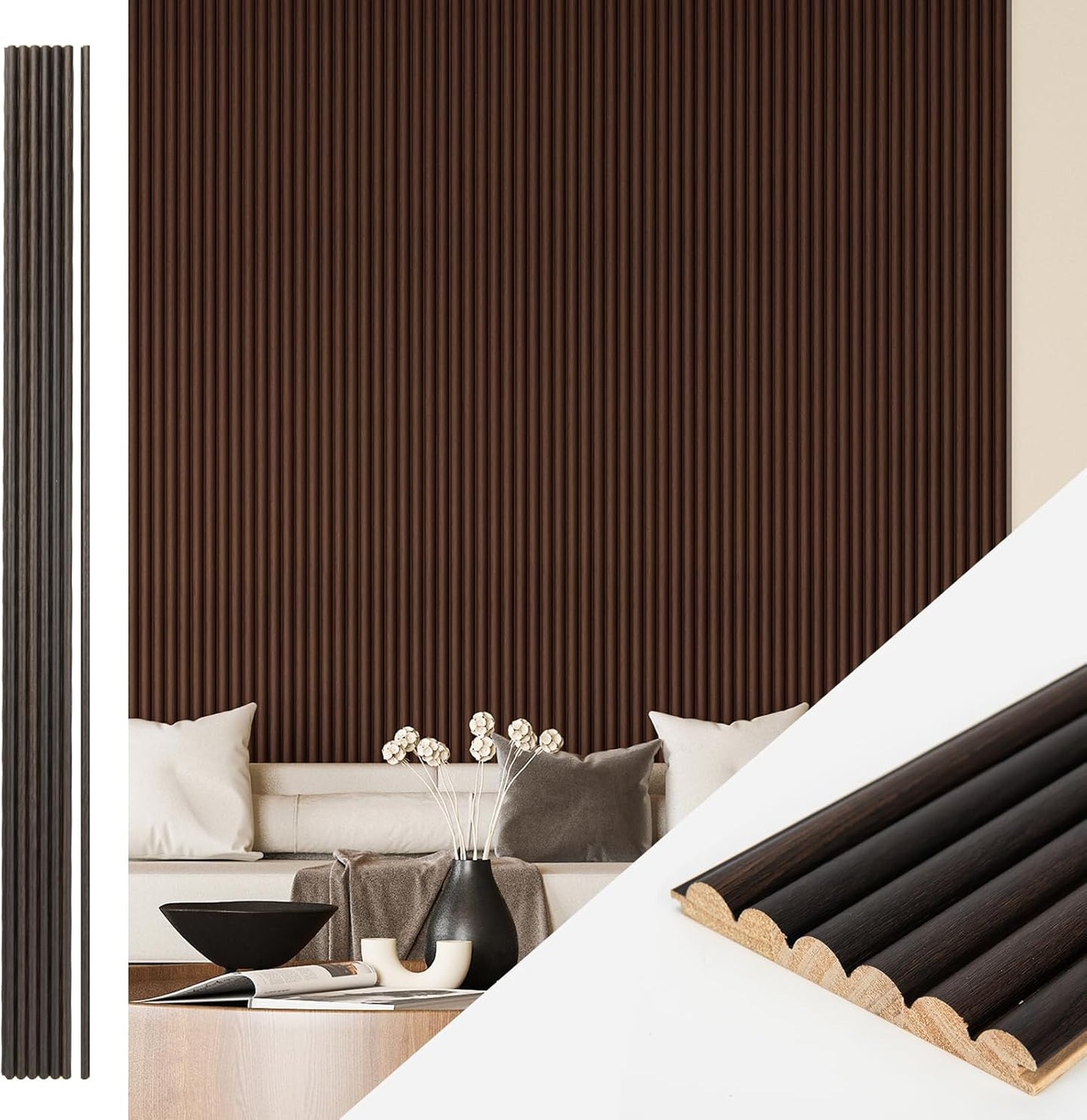 Art3d Fluted Wood Panel for Wall and Ceiling, Beaded Accent molding for Home Decoration, Pack of 4pcs + 1pc End-Trim, Size 108 x 5.7in.- Beaded Smoked Oak-VerdiqueGarden