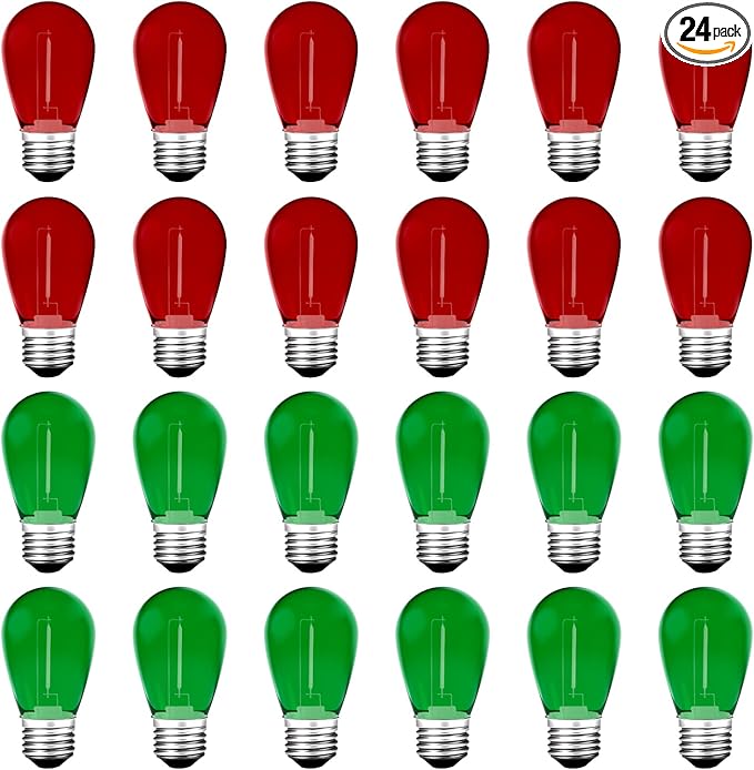 S14 Colored LED String Light Bulbs, 24-Pack 1W Plastic Shatterproof Waterproof Outdoor Indoor Replacement Bulbs for Home Decor, E26 Medium Screw Base, Red and Green Christmas Bulbs-VerdiqueGarden
