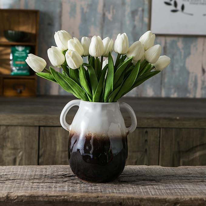 White Gradient Ceramic Vase with 2 Handles, Modern Farmhouse Decor, Rustic Terracotta Pottery, Decorative Flower Vases, Clay Small Vase, Centerpiece for Dining Table - 7 Inch Tall-VerdiqueGarden