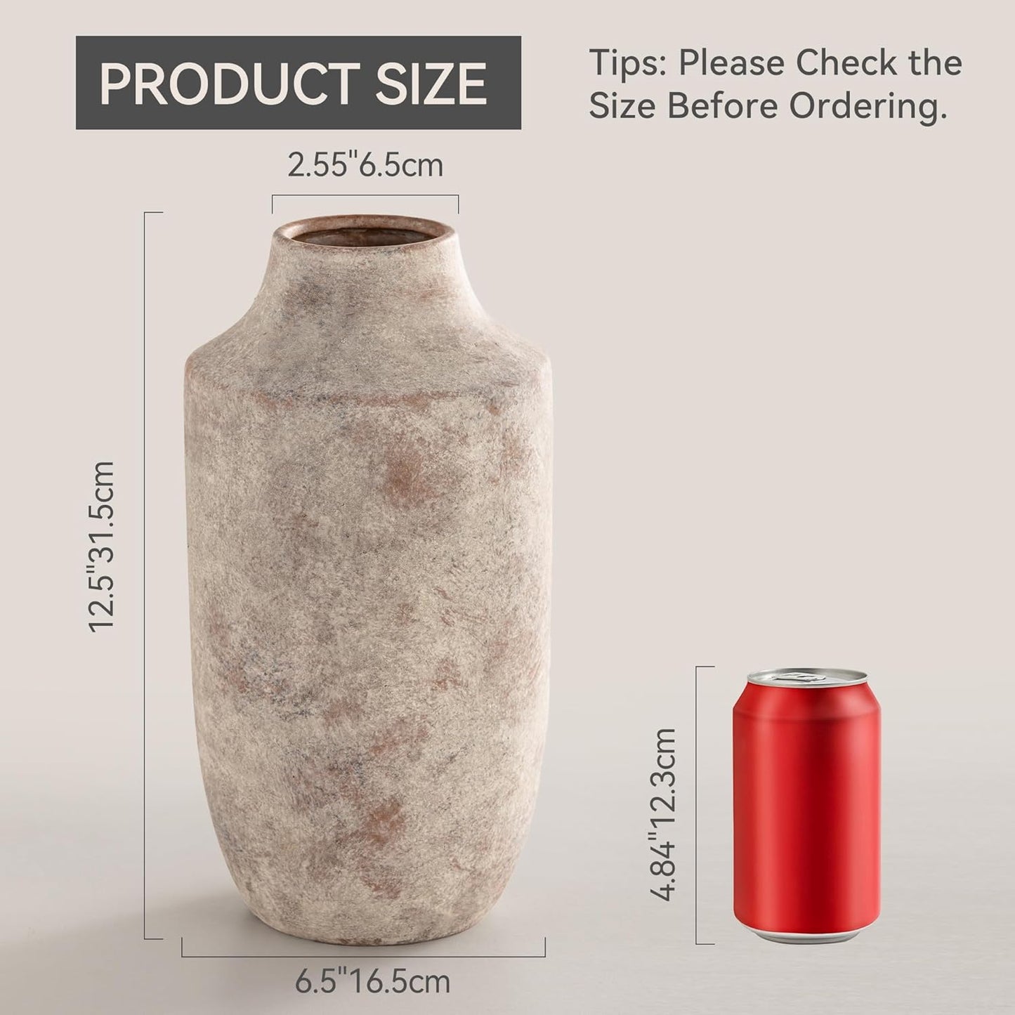 Mitt&Ditt Ceramic Flower Vase, 12.5 inch Tall Off-White Vase, Large Decorative Terracotta Vases, Farmhouse Rustic Pottery Vases for Home Decor, Living Room, Table-VerdiqueGarden