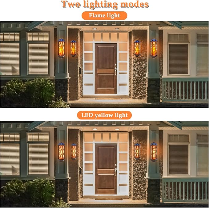 Solar Flame Lights Outdoor, Upgraded 74 LED Flickering Flame Lights, Solar Powered Auto On/Off, Outdoor Waterproof Wall Lanterns for House Garage Doorway Garden Porch Patio Yard Decoration (2 Pack)-VerdiqueGarden