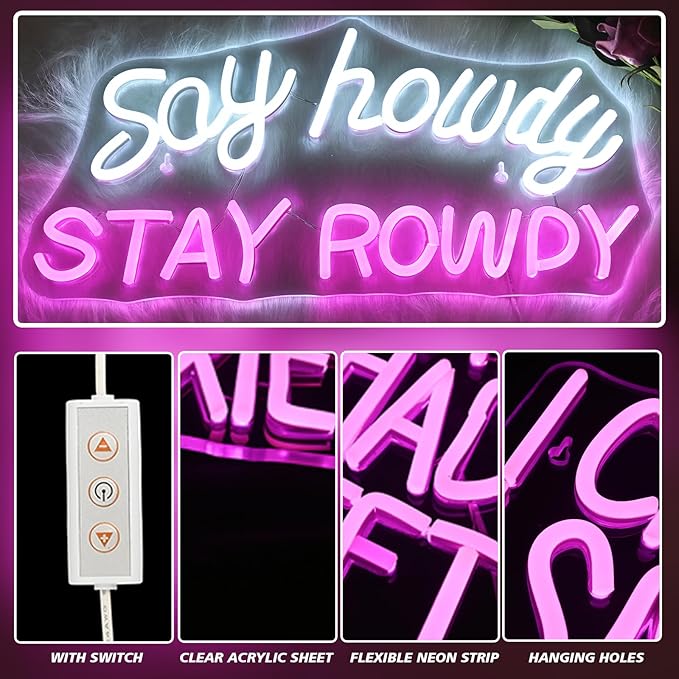 Say Howdy Stay Rowdy Neon Sign Wall Decor, Dimmable Neon Light For Man Cave Pub Beer Bar Bedroom Recreation Room Gift-VerdiqueGarden