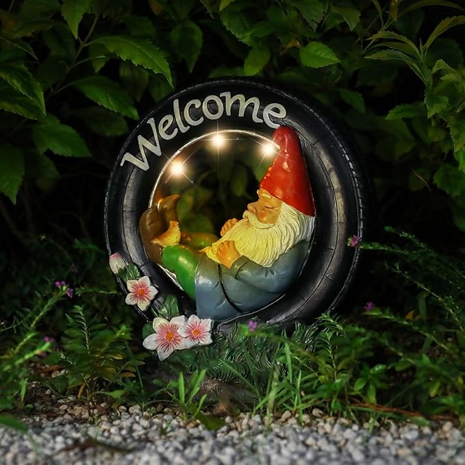 WONDER GARDEN Gnome Garden Decor for Outside - Welcome Gnome Solar Powered LED Light Outdoor Decor, Gnomes Statues Outdoor Funny Resin Garden Sculpture Decorations for Patio, Lawn-VerdiqueGarden