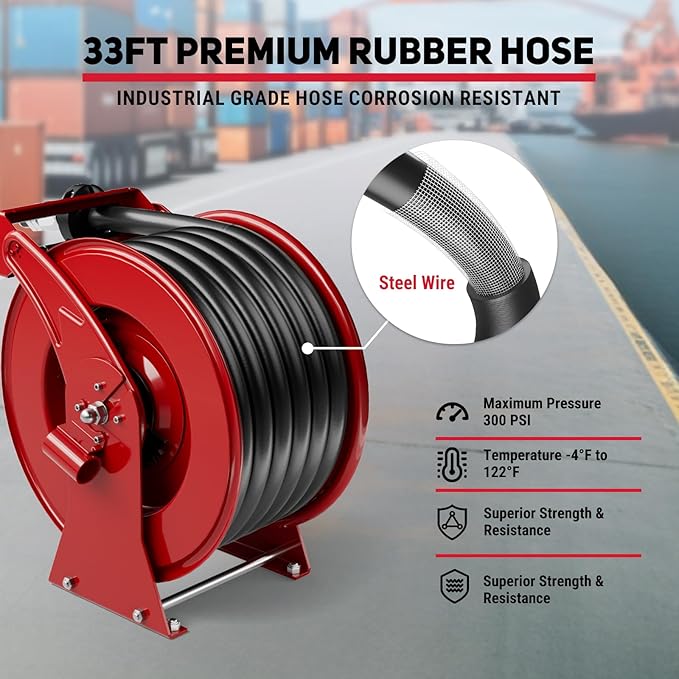 Retractable Diesel Fuel Hose Reel - 1 inch x 33ft Spring Driven Auto Swivel Rewind Hose Holder Reel with Fueling Nozzle, 300 PSI Industrial Steel for Aircraft Ship Vehicle Tank Truck, Red-VerdiqueGarden