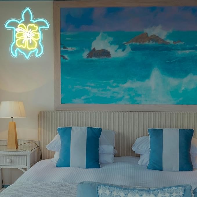 Sea Turtle Hibiscus Neon Signs for Wall Decor Blue Turtle Neon Light Yellow Flower LED Neon Wall Sign Ocean Neon Light Up Sign for Bedroom Living Room Office Decor Sea Turtle Gifts-VerdiqueGarden