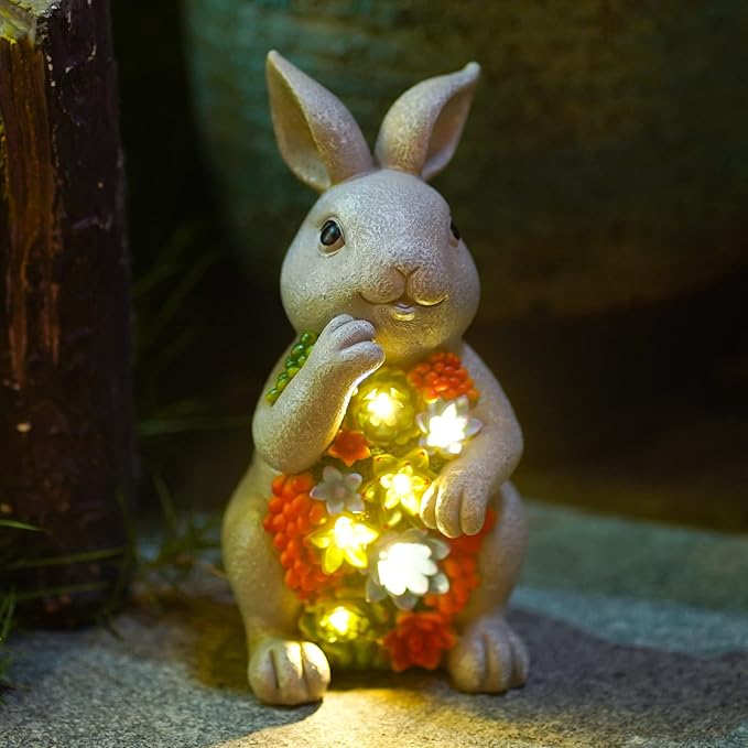 Nacome Solar Garden Outdoor Statues Bunny with Succulent and 7 LED Lights – Lawn Decor for Patio, Balcony, Yard Ornament - Unique Housewarming Gifts-VerdiqueGarden