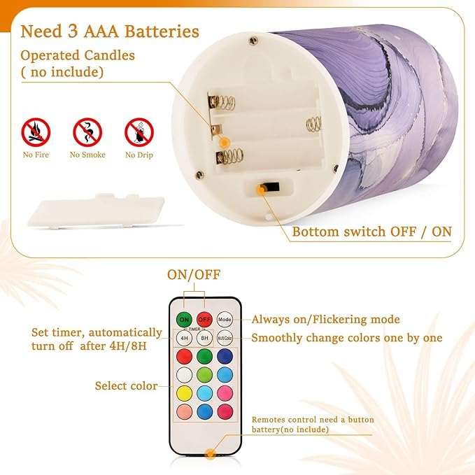 Flickering Flameless Candles, Purple Marble Lavender Liquid LED Candles with Remote Timer, Set of 2 Battery Operated Candle for Valentine Wedding Birthday-VerdiqueGarden