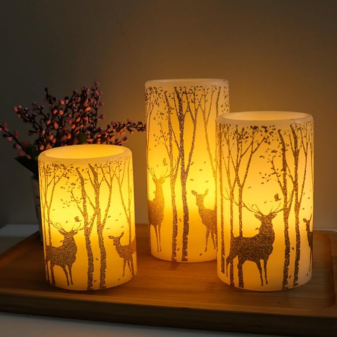 Gold Deer Flameless Candles with 6H Timer, Set of 3 Real Wax LED Flickering Candles, Christmas Pillar Candles with Gold Elk Decor for Home Party Decorations(H6 x D3)-VerdiqueGarden