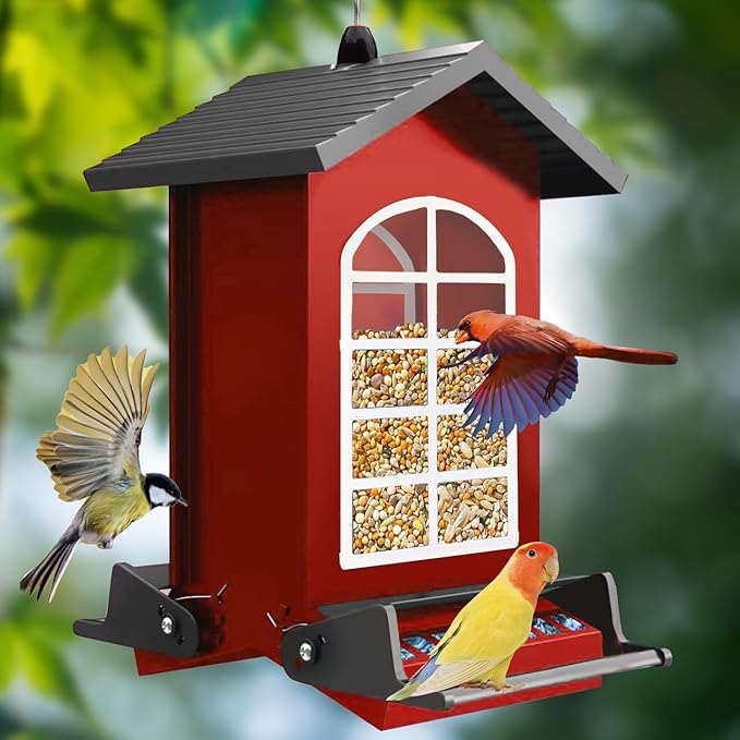 Bird Feeder Squirrel Proof Metal Hanging for Outdoor Wild Bird Seed, 5LBS with Bilateral Weight-Activated Perches, Heavy Duty Bird Feeders for Outside Wild Bird - Red-VerdiqueGarden
