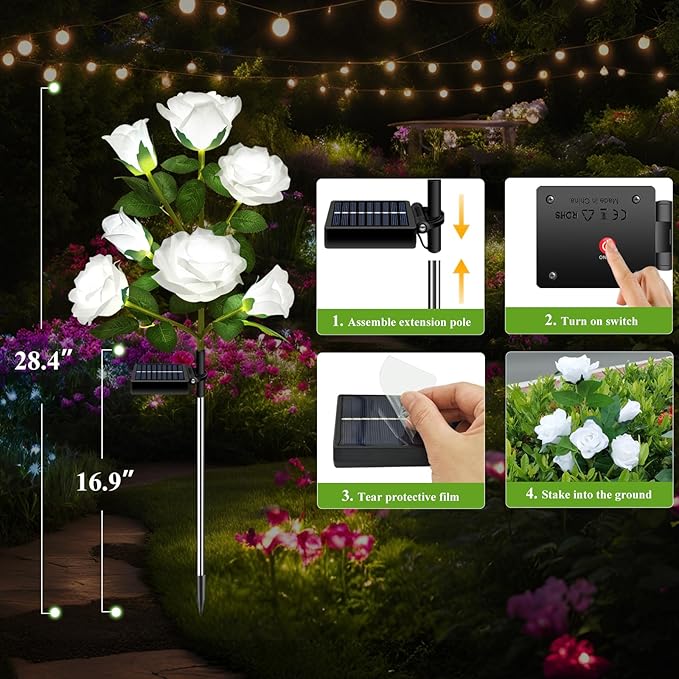 DWH 1 Pack Solar Garden Lights Outdoor, 7-Flower Rose Solar Lights for Yard, LED Solar Powered Stake Lights for Patio Pathway Lawn Fence Cemetery, White-VerdiqueGarden