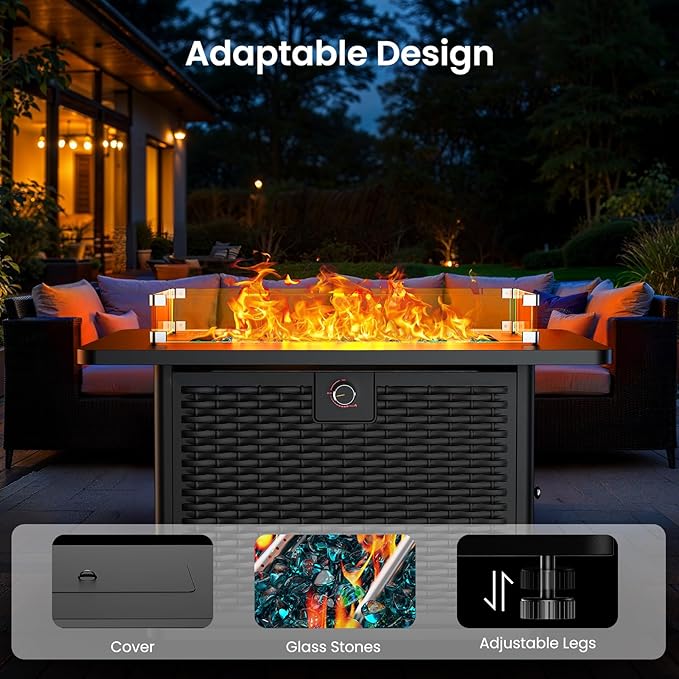 Ciays 43-Inch Rectangular Propane Fire Pit with 60,000 BTU Output, Fire Pit Table Premium Gas for Outside Patio with 304 Stainless Steel H-Burner, Glass Stones, and Wind Guard,Black-VerdiqueGarden