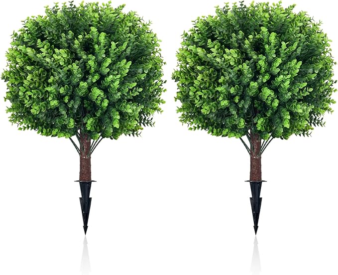 Artificial Topiary Tree with Eucalyptus, Set of 2 UV Resistant 17in Miniature Trees, Outdoor for Porch, Fake Bonsai Topiaries, Greenery Balls, Faux Shrubs for Planters, Curb Appeal Decor-VerdiqueGarden