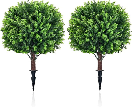 Artificial Topiary Tree with Eucalyptus, Set of 2 UV Resistant 17in Miniature Trees, Outdoor for Porch, Fake Bonsai Topiaries, Greenery Balls, Faux Shrubs for Planters, Curb Appeal Decor-VerdiqueGarden