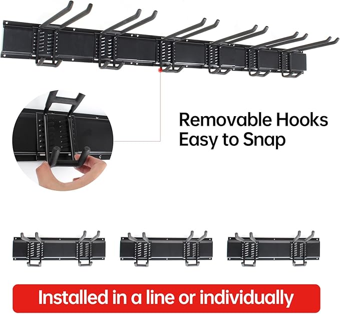 Garage Storage Rack Hooks, 48 Inch Heavy Duty Wall Mount Garage Organization with 3 Rails and 6 Adjustable Double Wall Hooks,Hanging Shelves for Garden Tool/Broom/Mop(Black)-VerdiqueGarden