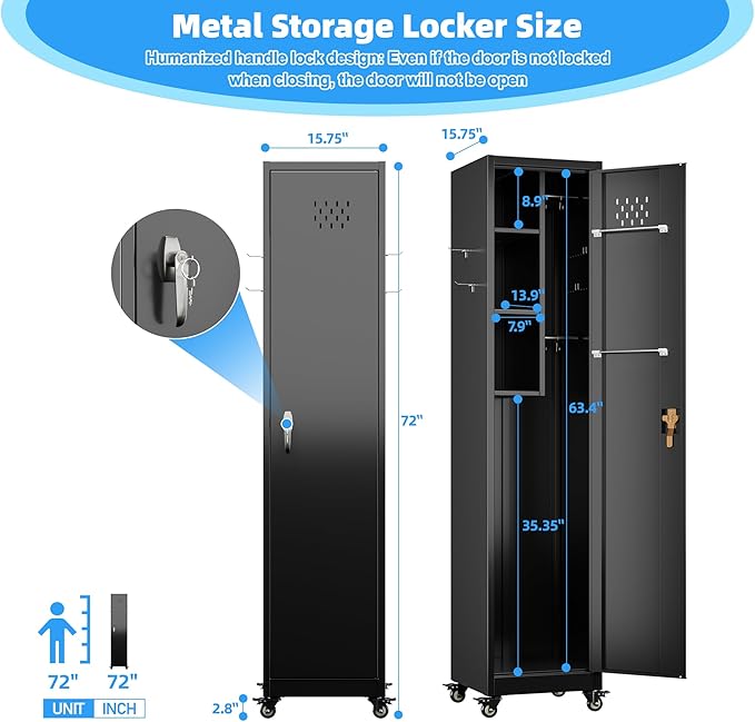 72''H Metal Broom Closet Storage Cabinet with Wheels & Pegboards, Mops Broom Closet Organizer with Locking Door & Hanging Rod,Cleaning Tool Garage Storage Cabinet,Assembly Required,Black-VerdiqueGarden