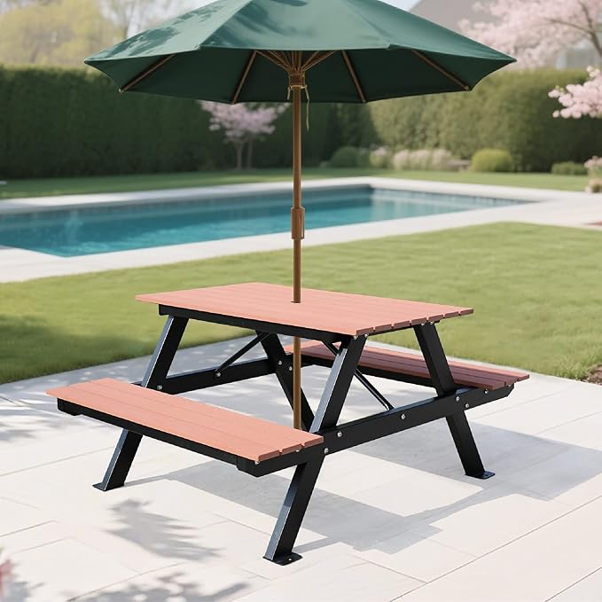 4FT Outdoor Picnic Table and Bench Set with 2" Umbrella Hole, WPC Tabletop Seattop Patio Dining Set for 4 People, Outdoor Dining Table and Chair for Park Garden Yard Patio- Brown-VerdiqueGarden