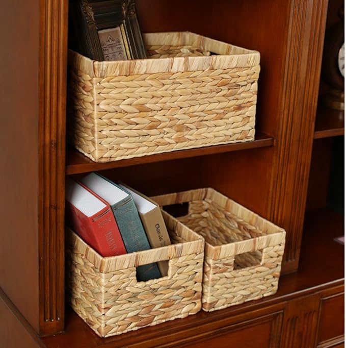 Storage Baskets,Woven Natural Water hyacinth Box with Handle,Kingwillow.(Set of 3)-VerdiqueGarden