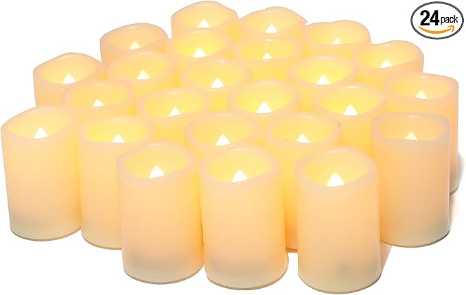 CANDLE IDEA Flameless LED Votive Candles 24 Pack, 1.5" x 2", Battery Operated Flickering Electric Outdoor Flameless Tea Lights, Fake Tealight Candle Bulk for Wedding, Christmas, Halloween Decorations-VerdiqueGarden