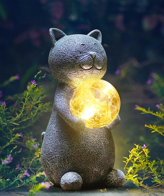 Solar Cat Statue - Garden Decor with LED Lights, Perfect for Mom or Grandma (Gray Cat)-VerdiqueGarden